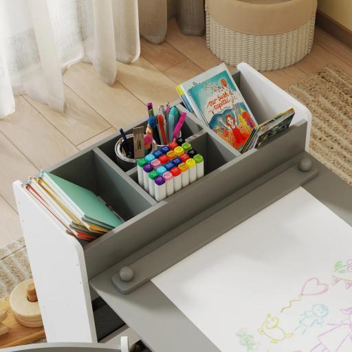 Conjunto mesa y 2 sillas infantil de madera con rollo de papel, estantes y cajones, para niña niño 3-8 años, Gris [3]