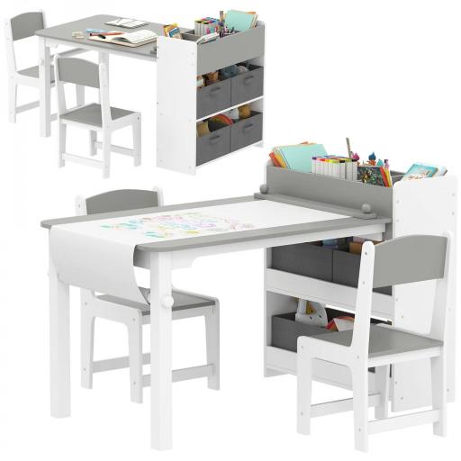 Conjunto mesa y 2 sillas infantil de madera con rollo de papel, estantes y cajones, para niña niño 3-8 años, Gris [4]