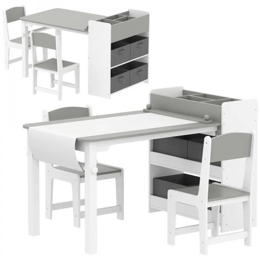 Conjunto mesa y 2 sillas infantil de madera con rollo de papel, estantes y cajones, para niña niño 3-8 años, Gris [6]