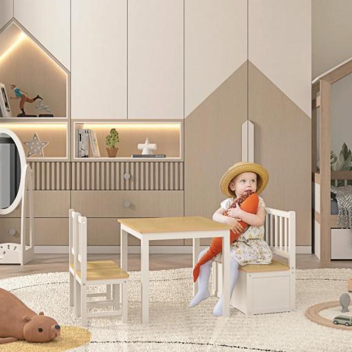 Mesa y Sillas Infantiles de 4 Piezas Mesa Infantil con 2 Sillas y Banco con Almacenaje Juego de Muebles para Actividades para Niños de +3 Años para Dormitorio Sala de Juegos Blanco y Natural