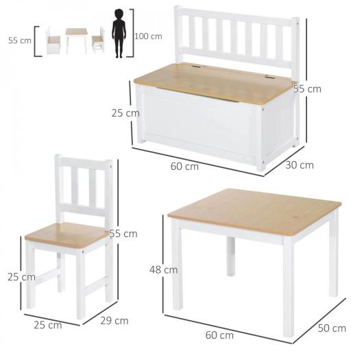 Mesa y Sillas Infantiles de 4 Piezas Mesa Infantil con 2 Sillas y Banco con Almacenaje Juego de Muebles para Actividades para Niños de +3 Años para Dormitorio Sala de Juegos Blanco y Natural [1]