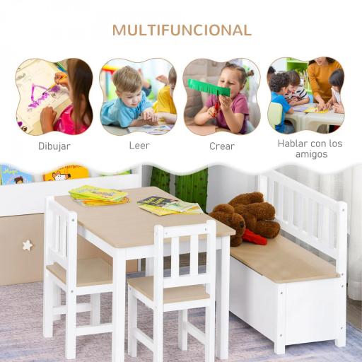 Mesa y Sillas Infantiles de 4 Piezas Mesa Infantil con 2 Sillas y Banco con Almacenaje Juego de Muebles para Actividades para Niños de +3 Años para Dormitorio Sala de Juegos Blanco y Natural [6]