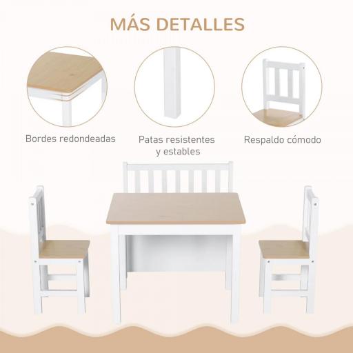 Mesa y Sillas Infantiles de 4 Piezas Mesa Infantil con 2 Sillas y Banco con Almacenaje Juego de Muebles para Actividades para Niños de +3 Años para Dormitorio Sala de Juegos Blanco y Natural [4]