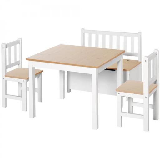 Mesa y Sillas Infantiles de 4 Piezas Mesa Infantil con 2 Sillas y Banco con Almacenaje Juego de Muebles para Actividades para Niños de +3 Años para Dormitorio Sala de Juegos Blanco y Natural [9]
