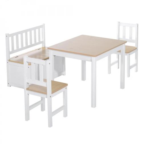 Mesa y Sillas Infantiles de 4 Piezas Mesa Infantil con 2 Sillas y Banco con Almacenaje Juego de Muebles para Actividades para Niños de +3 Años para Dormitorio Sala de Juegos Blanco y Natural [2]