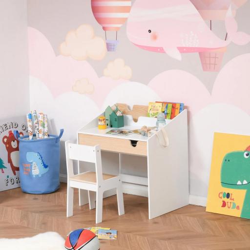 Escritorio para Niños con Silla de 3 a 6 Años con Cajón y Estante para Libros 70x50x75 cm Blanco y Natural
