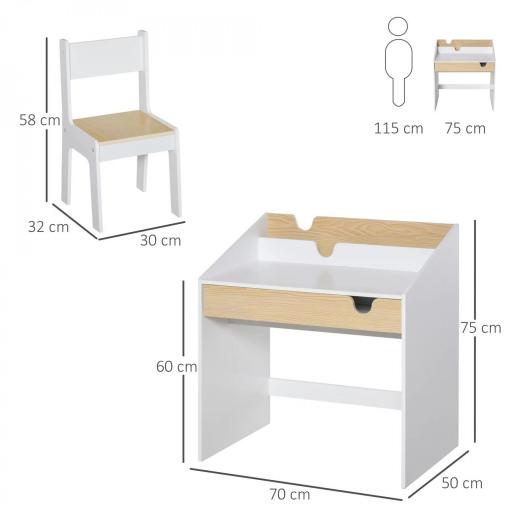Escritorio para Niños con Silla de 3 a 6 Años con Cajón y Estante para Libros 70x50x75 cm Blanco y Natural [1]
