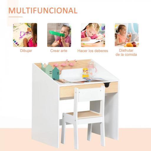 Escritorio para Niños con Silla de 3 a 6 Años con Cajón y Estante para Libros 70x50x75 cm Blanco y Natural [2]