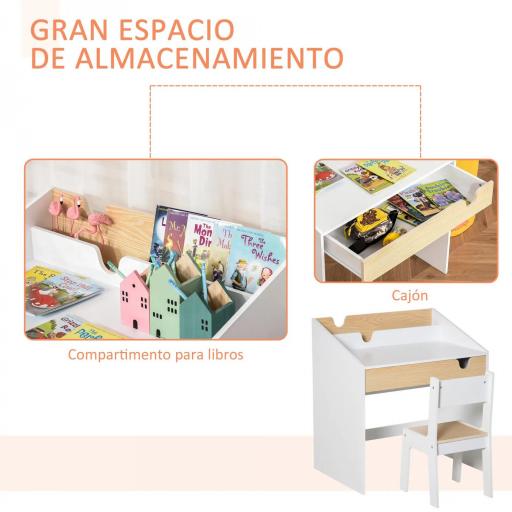 Escritorio para Niños con Silla de 3 a 6 Años con Cajón y Estante para Libros 70x50x75 cm Blanco y Natural [10]