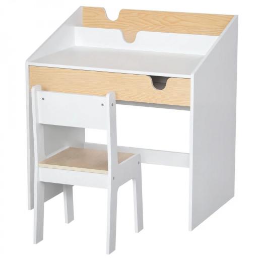 Escritorio para Niños con Silla de 3 a 6 Años con Cajón y Estante para Libros 70x50x75 cm Blanco y Natural [6]