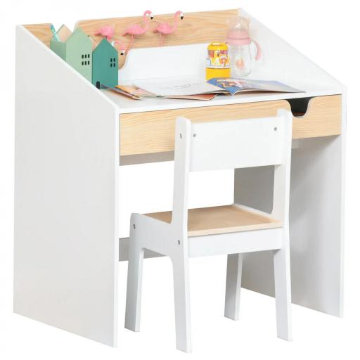 Escritorio para Niños con Silla de 3 a 6 Años con Cajón y Estante para Libros 70x50x75 cm Blanco y Natural [7]