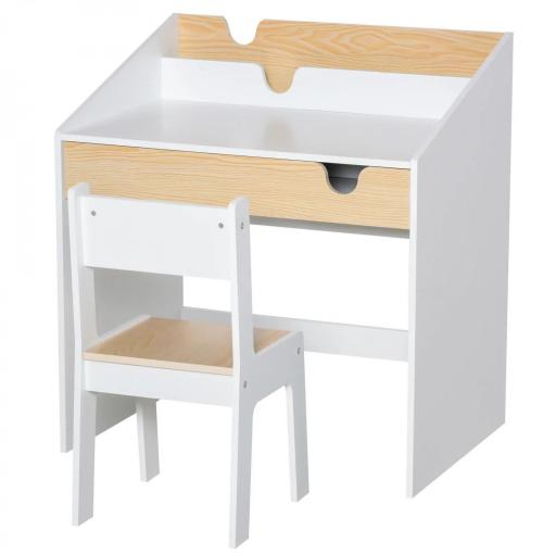 Escritorio para Niños con Silla de 3 a 6 Años con Cajón y Estante para Libros 70x50x75 cm Blanco y Natural [8]