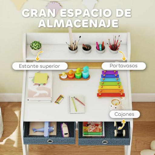 Escritorio Infantil con Silla Pupitre Infantil con 2 Cajones y Estante Mesa 62,8x55,6x73,8 cm y Silla 31,5x35x65,5 cm [2]