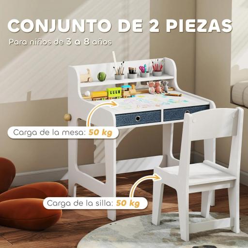 Escritorio Infantil con Silla Pupitre Infantil con 2 Cajones y Estante Mesa 62,8x55,6x73,8 cm y Silla 31,5x35x65,5 cm [6]
