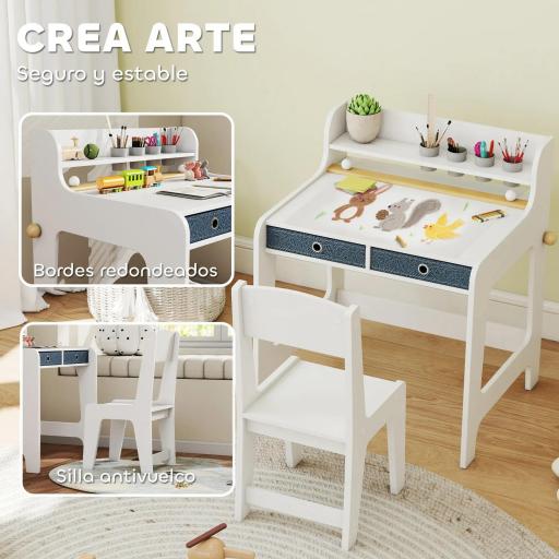 Escritorio Infantil con Silla Pupitre Infantil con 2 Cajones y Estante Mesa 62,8x55,6x73,8 cm y Silla 31,5x35x65,5 cm [3]