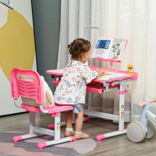 Juego de Escritorio y Silla para Niños de +6 Años Ajustable con Mesa Inclinable Lámpara Cajón y Estante para Libros Rosa