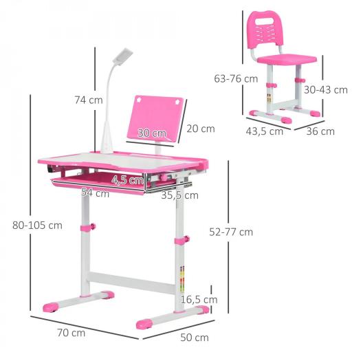 Juego de Escritorio y Silla para Niños de +6 Años Ajustable con Mesa Inclinable Lámpara Cajón y Estante para Libros Rosa [1]