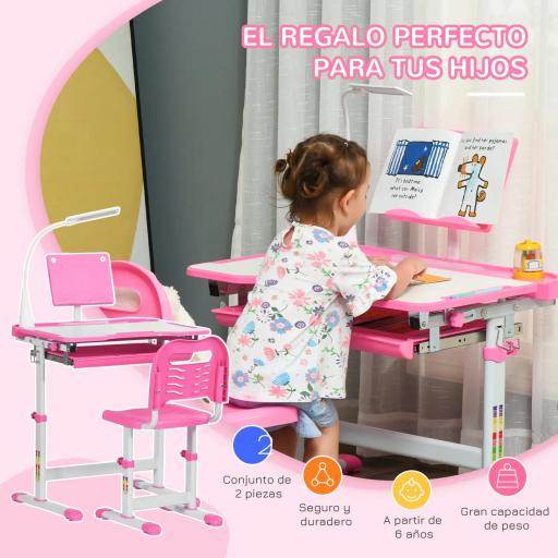 Juego de Escritorio y Silla para Niños de +6 Años Ajustable con Mesa Inclinable Lámpara Cajón y Estante para Libros Rosa [3]