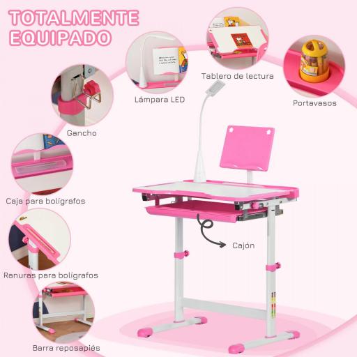 Juego de Escritorio y Silla para Niños de +6 Años Ajustable con Mesa Inclinable Lámpara Cajón y Estante para Libros Rosa [4]