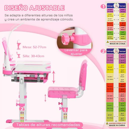 Juego de Escritorio y Silla para Niños de +6 Años Ajustable con Mesa Inclinable Lámpara Cajón y Estante para Libros Rosa [2]