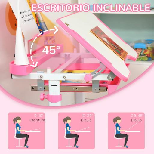 Juego de Escritorio y Silla para Niños de +6 Años Ajustable con Mesa Inclinable Lámpara Cajón y Estante para Libros Rosa [5]