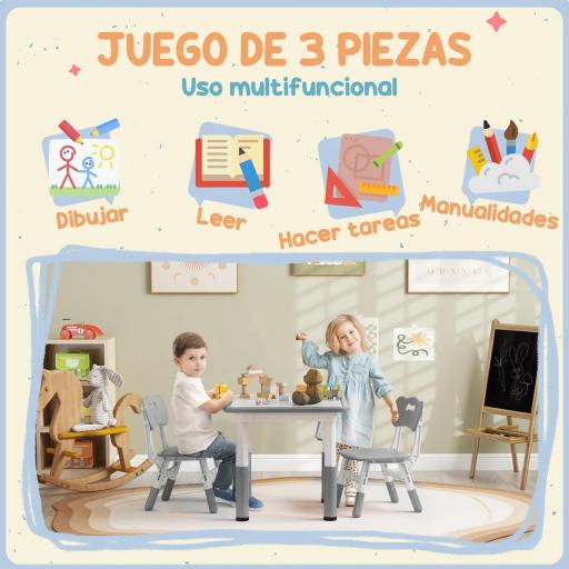 Conjunto de Mesa y 2 Sillas Infantiles Ajustables en Altura para Niños de 18 Meses a 5 Años Fácil de Limpiar [1]