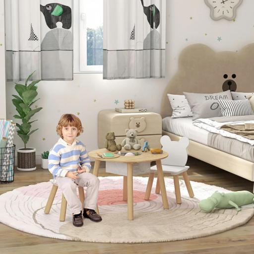 Conjunto Infantil de Mesa y 2 Sillas de Madera con Respaldo en Forma de Oso y Espacio de Almacenaje para Niños 3-6 Años