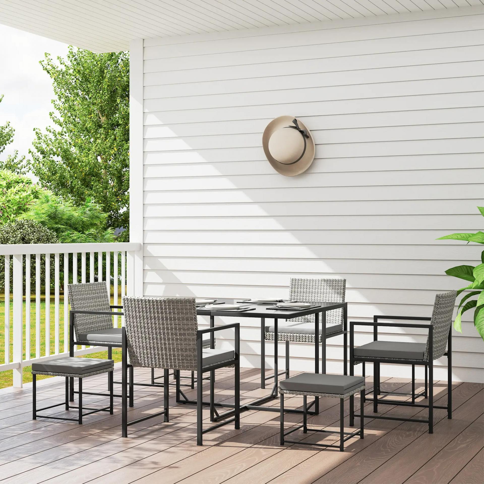 Conjunto de Jardín Exterior de 9 Piezas de Ratán Sintético con Mesa de Vidrio 4 Sillas y 4 Taburetes con Cojines Gris