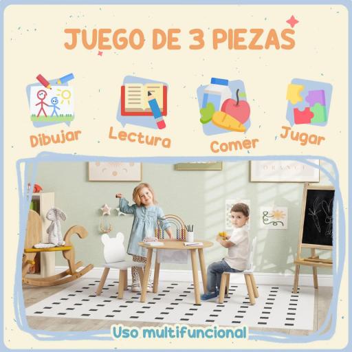 Conjunto Infantil de Mesa y 2 Sillas de Madera con Respaldo en Forma de Oso y Espacio de Almacenaje para Niños 3-6 Años [1]