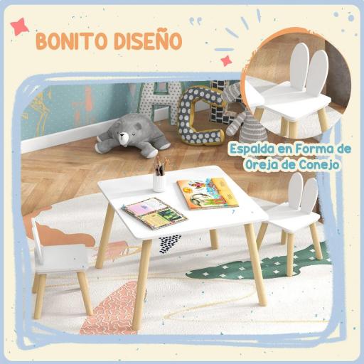 Mesa Infantil con Sillas Respaldos con Orejas de Conejo Mesa Infantil para Guardería Sala de Juegos Blanco [3]