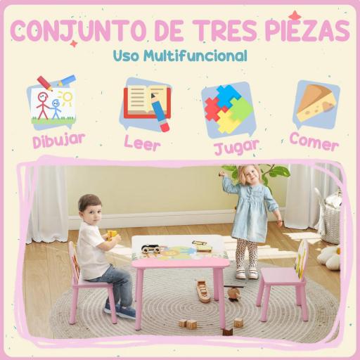 Mesa Infantil con 2 Sillas Mesa y Sillas Infantil con Estampados de Animales para Niños y Niñas de 3-8 Años Rosa [6]