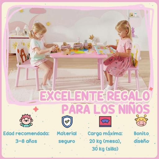 Mesa Infantil con 2 Sillas Mesa y Sillas Infantil con Estampados de Animales para Niños y Niñas de 3-8 Años Rosa [1]