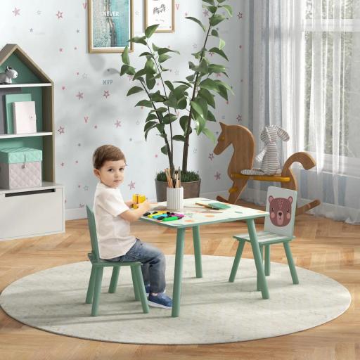 Set de Mesa y 2 Sillas Conjunto de Muebles Infantiles de 3 Piezas para Niños de +3 Años con Estampado Animales y Verde