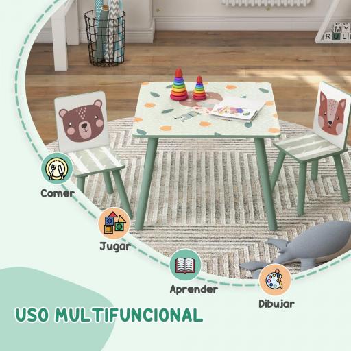 Set de Mesa y 2 Sillas Conjunto de Muebles Infantiles de 3 Piezas para Niños de +3 Años con Estampado Animales y Verde [2]