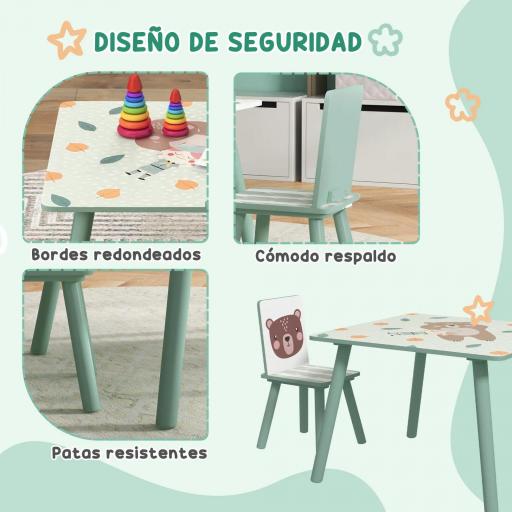 Set de Mesa y 2 Sillas Conjunto de Muebles Infantiles de 3 Piezas para Niños de +3 Años con Estampado Animales y Verde [4]