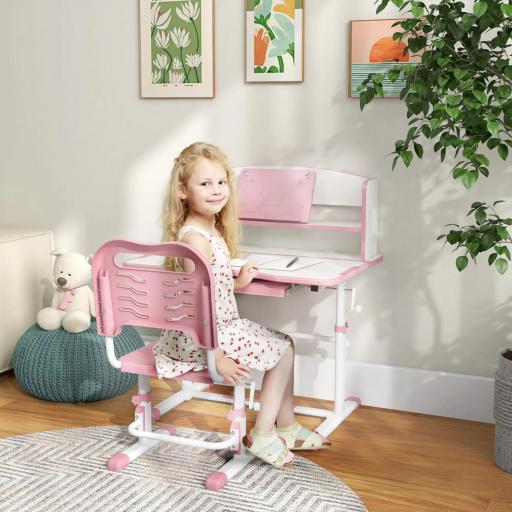 Set Escritorio para Niños con Silla Ajustable en Altura y Tablero Inclinable, Edad 6-12 Años, Rosa 