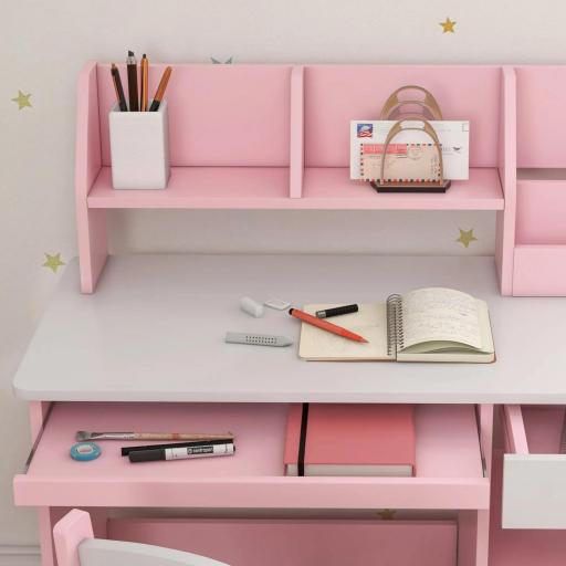 Escritorio para niños con silla ergonómica con teclado deslizante, cajón, nichos y estantes abiertos 90 x 45 x 90 cm rosa [3]