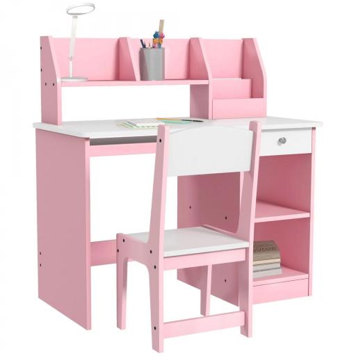 Escritorio para niños con silla ergonómica con teclado deslizante, cajón, nichos y estantes abiertos 90 x 45 x 90 cm rosa [2]