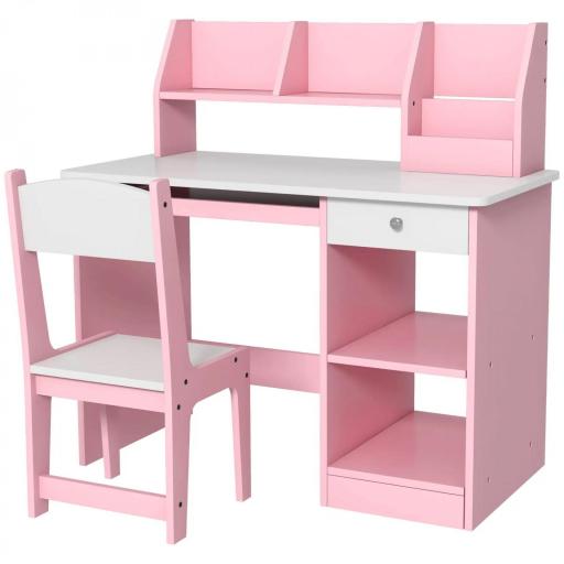 Escritorio para niños con silla ergonómica con teclado deslizante, cajón, nichos y estantes abiertos 90 x 45 x 90 cm rosa [5]