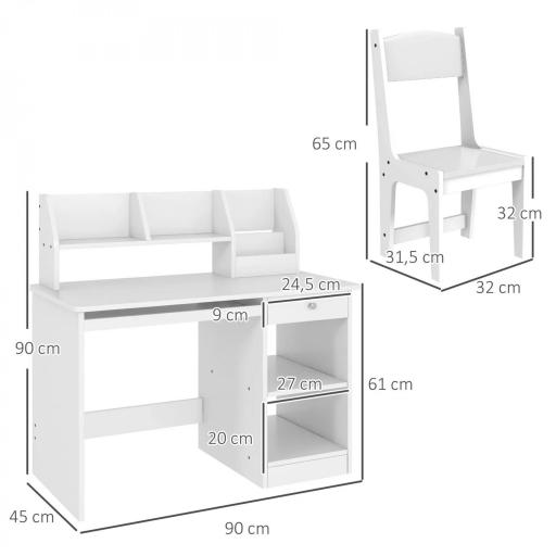Escritorio y Silla para Niños con Almacenaje para Estudio Lectura y Juegos Mesa 90x45x90 cm y Silla 32x31,5x65 cm Blanco [1]