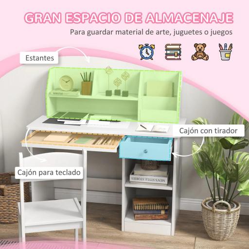 Escritorio y Silla para Niños con Almacenaje para Estudio Lectura y Juegos Mesa 90x45x90 cm y Silla 32x31,5x65 cm Blanco [5]