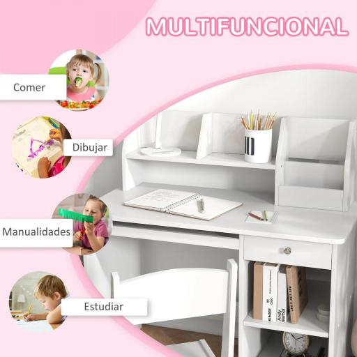 Escritorio y Silla para Niños con Almacenaje para Estudio Lectura y Juegos Mesa 90x45x90 cm y Silla 32x31,5x65 cm Blanco [4]