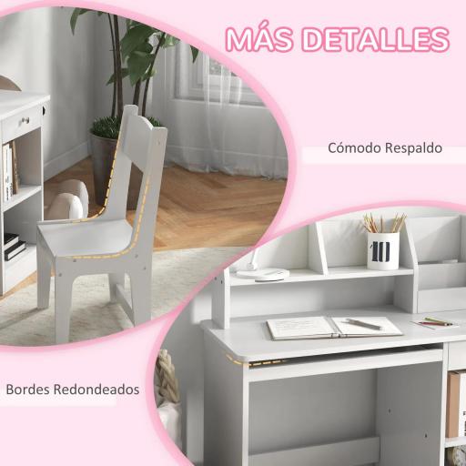 Escritorio y Silla para Niños con Almacenaje para Estudio Lectura y Juegos Mesa 90x45x90 cm y Silla 32x31,5x65 cm Blanco [3]