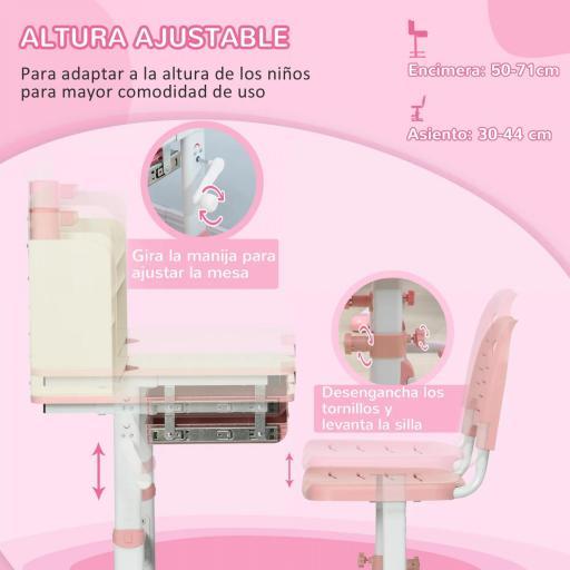 Escritorio y Silla para +3 Años con Altura Ajustable y Mesa Inclinable 80x52x88-109 cm y 35,5x44,5x66-80 cm Rosa [2]