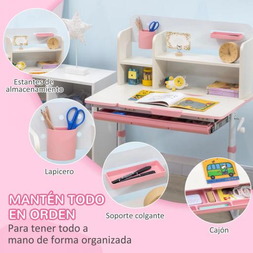 Escritorio y Silla para +3 Años con Altura Ajustable y Mesa Inclinable 80x52x88-109 cm y 35,5x44,5x66-80 cm Rosa [6]