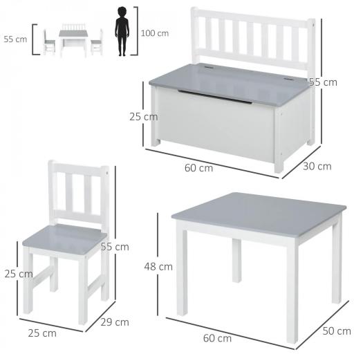 Mesa Infantil con 2 Sillas y Banco Juego de Muebles para Actividades para Niños de +3 Años para Dormitorio Gris y Blanco [1]