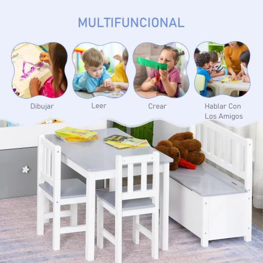 Mesa Infantil con 2 Sillas y Banco Juego de Muebles para Actividades para Niños de +3 Años para Dormitorio Gris y Blanco [6]