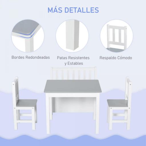 Mesa Infantil con 2 Sillas y Banco Juego de Muebles para Actividades para Niños de +3 Años para Dormitorio Gris y Blanco [2]
