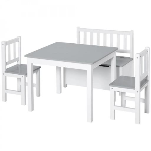 Mesa Infantil con 2 Sillas y Banco Juego de Muebles para Actividades para Niños de +3 Años para Dormitorio Gris y Blanco [8]