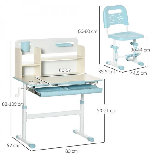 Escritorio y Silla para +3 Años con Altura Ajustable y Mesa Inclinable 80x52x88-109 cm y 35,5x44,5x66-80 cm Azul [1]